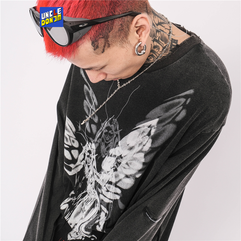 UNCLEDONJM Graphic t shirs Damaged vinage Hip Hop Long sleeve shir oversized shir Sreewear Harajuku Ripped Tees 220309