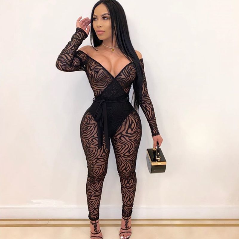 HAOYUAN Sexy Zebra Black Mesh Sheer Jumpsuit Women Club Outfits Transparent Off Shoulder Long Sleeve Bodycon Rompers Overalls T200509