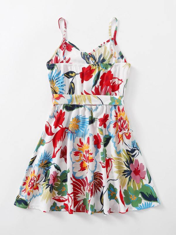 Girls Floral Print Belted Cami Dress SHE01