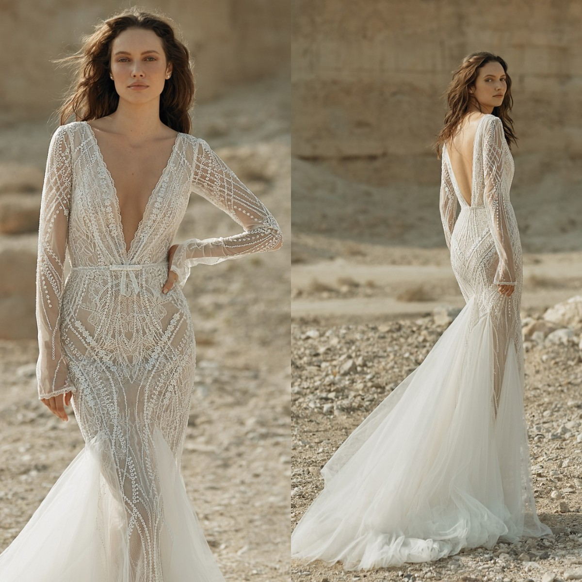 Eisen Stein 2021 Wedding Dresses Deep V Neck Long Sleeves Lace Appliques Mermaid Bridal Gowns Custom Made Sweep Train Wedding Dress