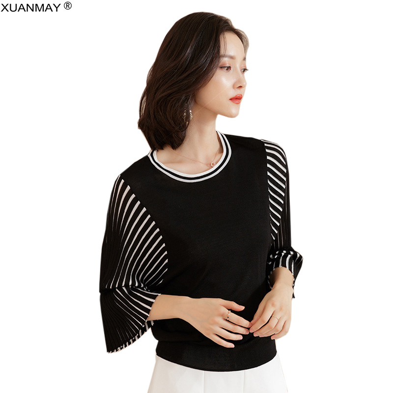 Spring Knit Top Women New Loose Casual Korean Pullover Thin Sweater Black Stripes Summer Fashion Knit Thin Sweater Women 201030wtt