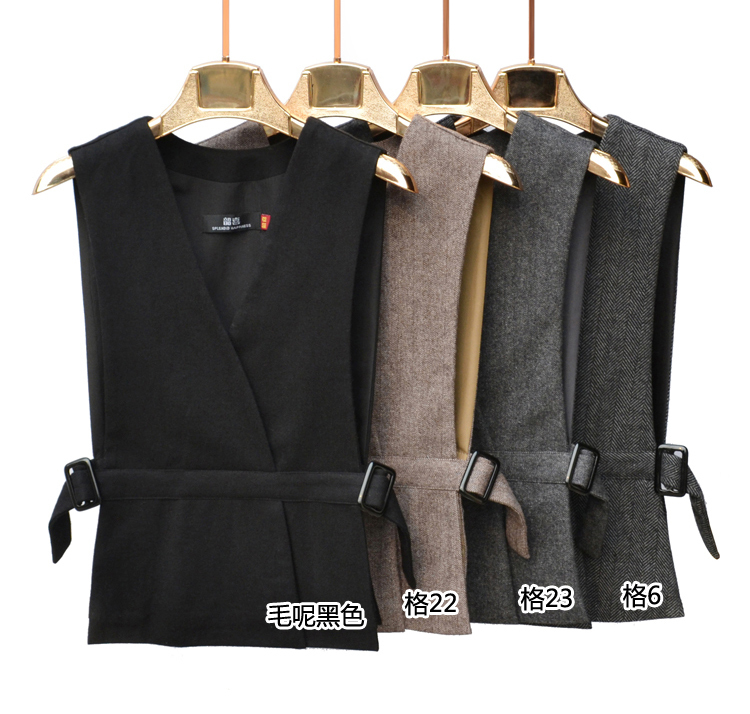 Korean Fashion Slim Spring Woolen Vest For Women Elegant Striped Belt Sleeveless Outerwear Female Casual Short Coat Veste Femme 201102