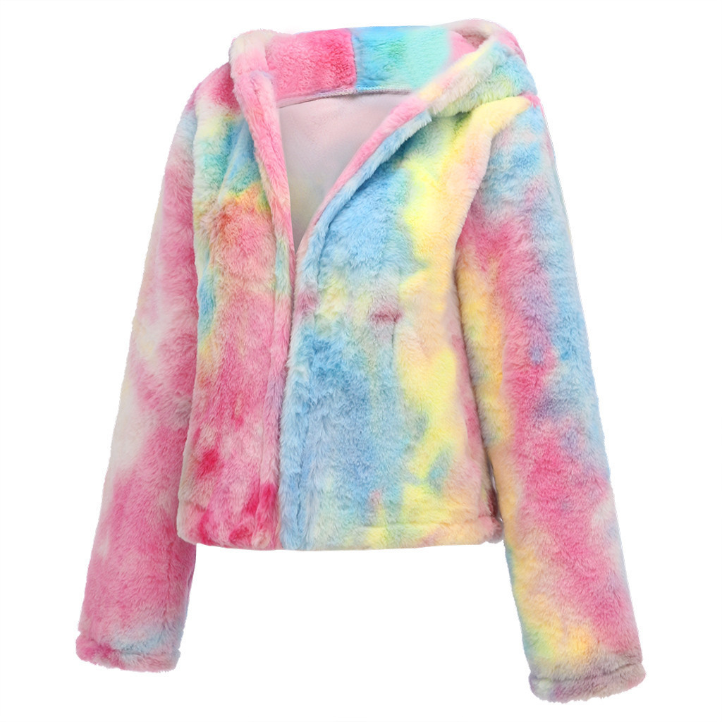 Women Rainbow Faux Fur Coat Jacket Colorful Artificial Wool Collar Hooded Long Sleeve Thicken Warm Coats And Jackets Women 2019 T200111