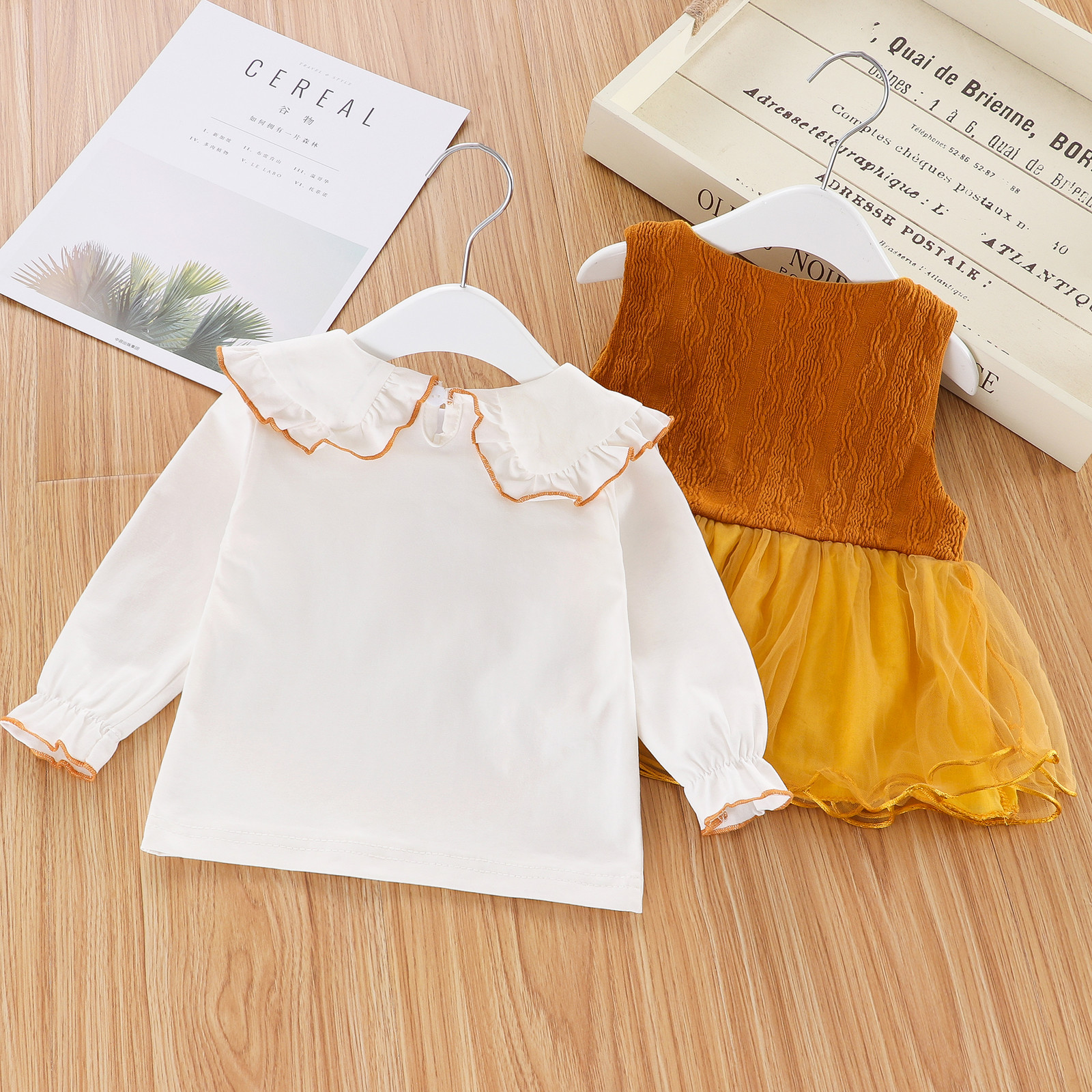 FOCUSNORM Autumn Infant Baby Girls Clothes Sets Ruffles Long Sleeve Peter Pan Collar T Shirts Tops+Lace Sundress 2pcsX1019