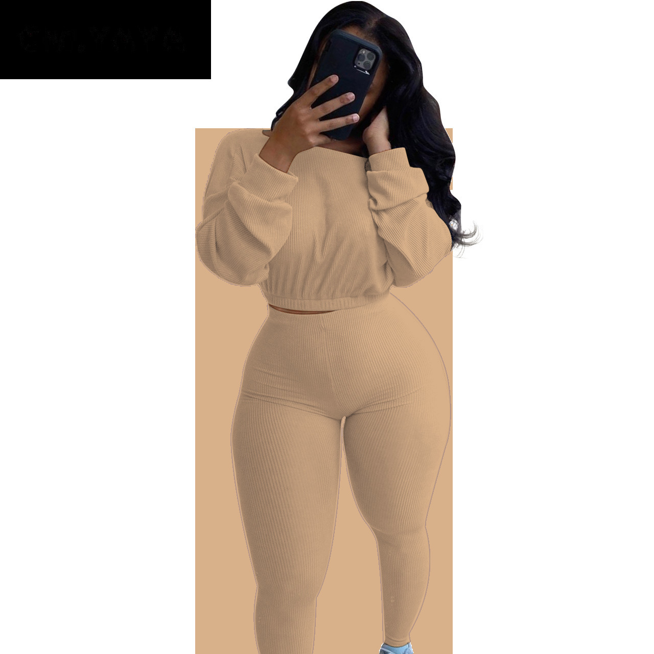 CM.YAYA Knitted Ribbed Women's Set Long Sleeve Sweater Top Pencil Pants Suit Active Wear Tracksuit Two Piece Set Fitness Outfits 201104