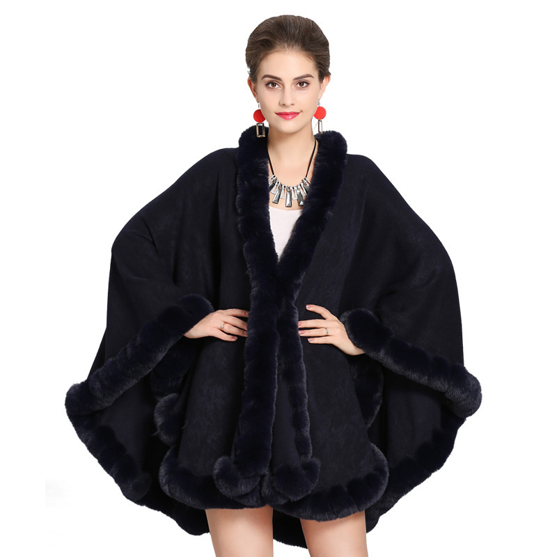 Fashion Handcraft Full Trim Faux Rex Rabbit Fur Cape Coat Loose Knit Cashmere Cloak Shawl Women Fall Winter New Pallium Outwear 201026