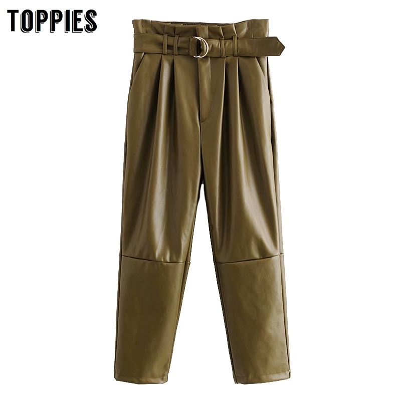 winter army green leather pants high waist paperbage pants women sweatpants fashion streetwear 201112