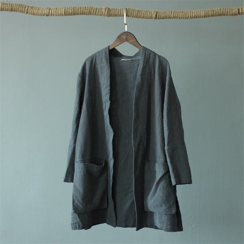 Johnature Women Coats Linen Jackets Pockets Autumn Open Stitch 5 Colour Loose Casual Long Sleeve Brief 201017