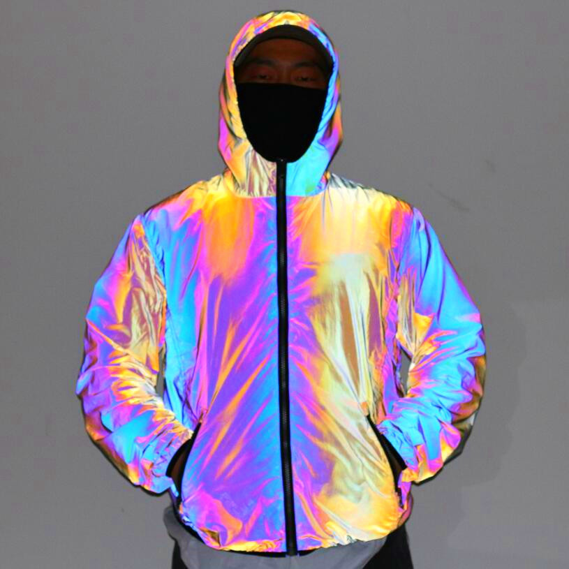 Colorful Hooded Reflective Jacket Men/Women Autumn Fluorescent Zipper Mens Jackets and Coats Casual Steetwear Windbreaker 201130