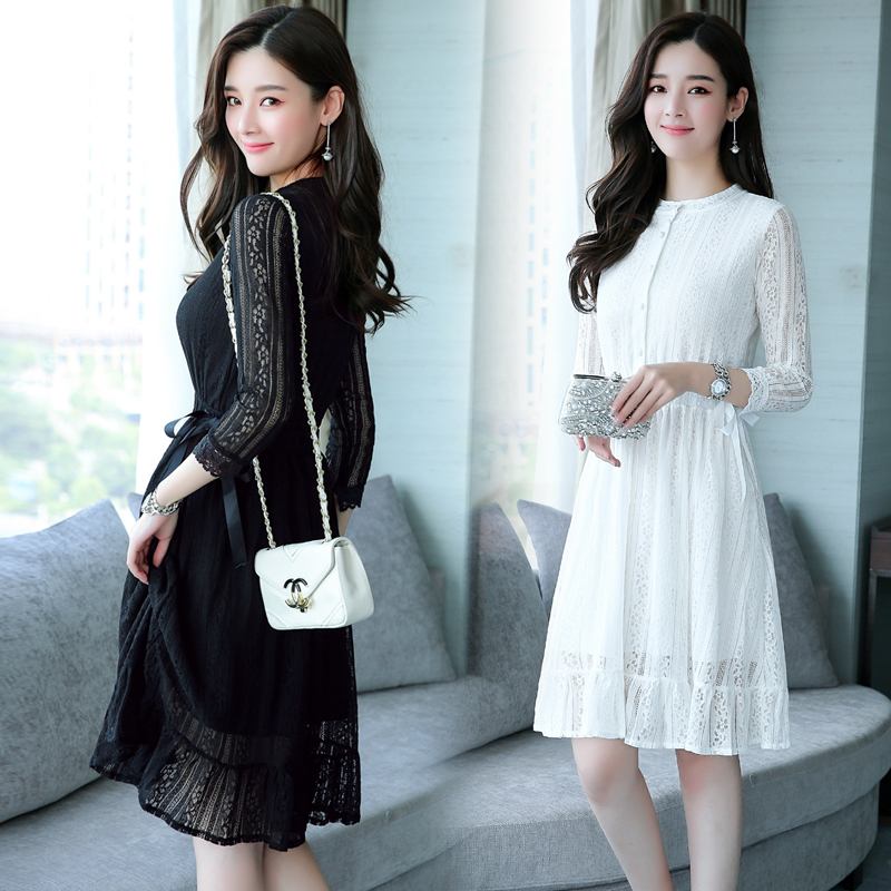 Autumn Winter Plus Size Vintage Black Lace Midi Dresses Women Elegant Bodycon Dress Party Long Sleeve White Runway Vestidos 201125