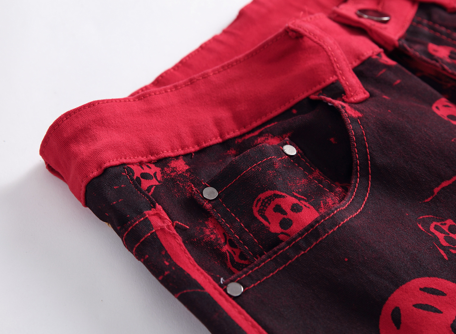 Autumn Men's Fashion Skeleton Skull Printed Night Club Personality Jeans Male Slim Fit Red Denim Pants Long Trousers,9001 201223