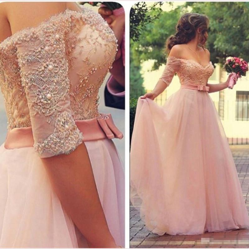 Pink Prom Dresses Off The Shoulder Lace Applique Pleats Beaded Crystals Half Sleeves Evening Party Gown Floor Length Formal Ocn Wear Vestidos