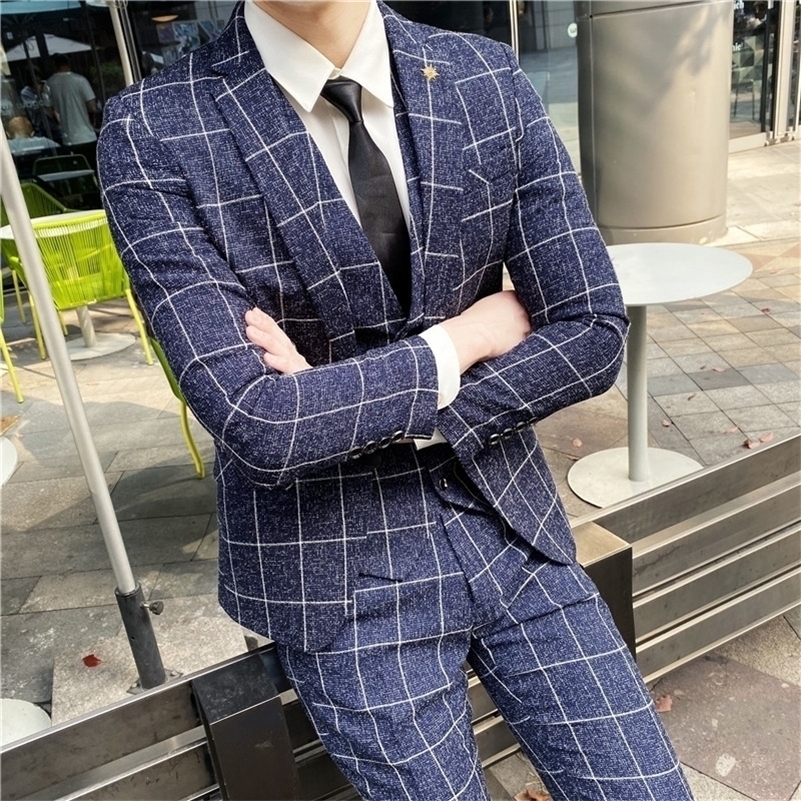 suit men Plaid Blazers+Pant men's Business suit Office Uniform Party suit Korean Slim Fit Single Button men's Tuxedo Asian size 201105