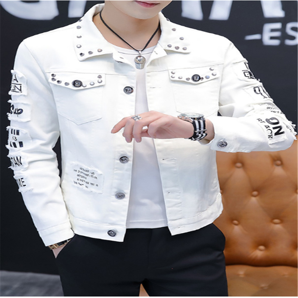 Spring Autumn Men's Ripped Denim Jacket Rivet Coat Cowboy Parka Jans Lapel Single-Breasted Outwear Tops 201123