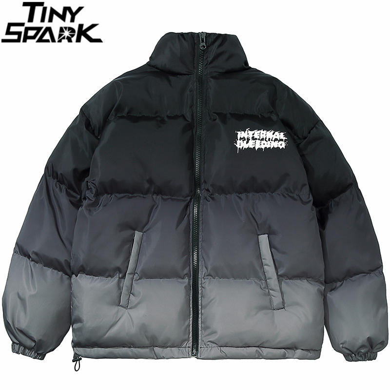 Hip Hop Oversized Jacket Parka Gradient Streetwear Mens Jacket Harajuku Cotton Winter Padded Jacket Coat Warm Outwear Black 201214