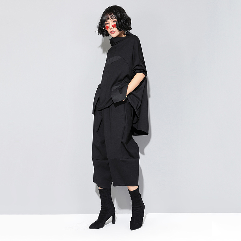 EAM Spring Autumn High Elastic Waist Black Loose Big Pocket Brief Loose Harem Pants Women Trousers Fashion JQ012 201228