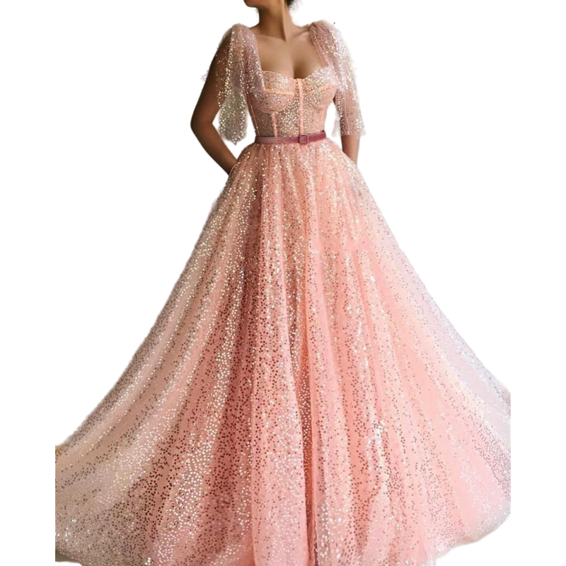 Glitter Pink Sequins A-Line Prom Dresses Floor Length 2022 Corset Straps Long Formal Evening Gowns robe de soirée de mariage Special Occasion Wear For