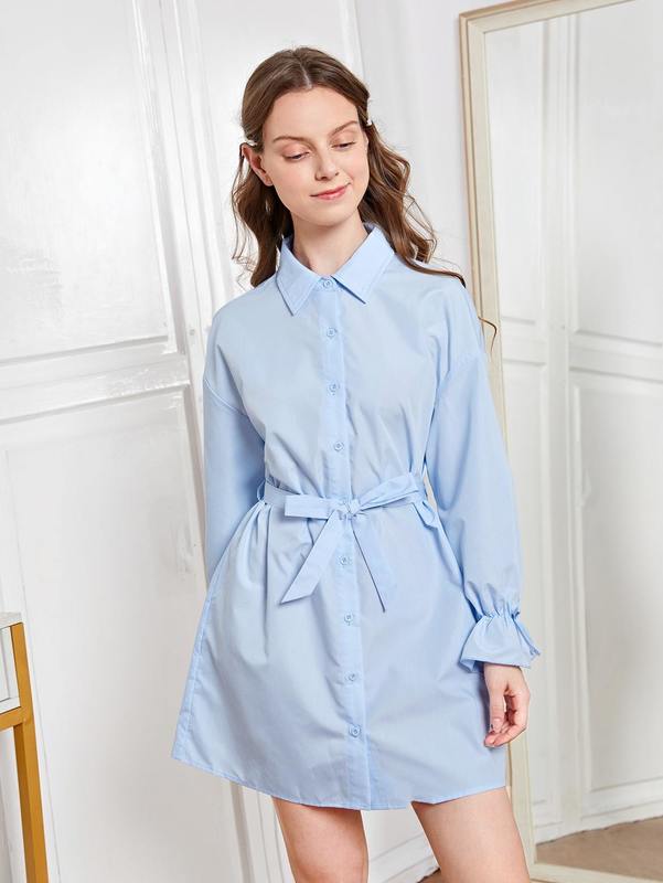 Teen Girls Drop Shoulder Belted Shirt Dress SHE