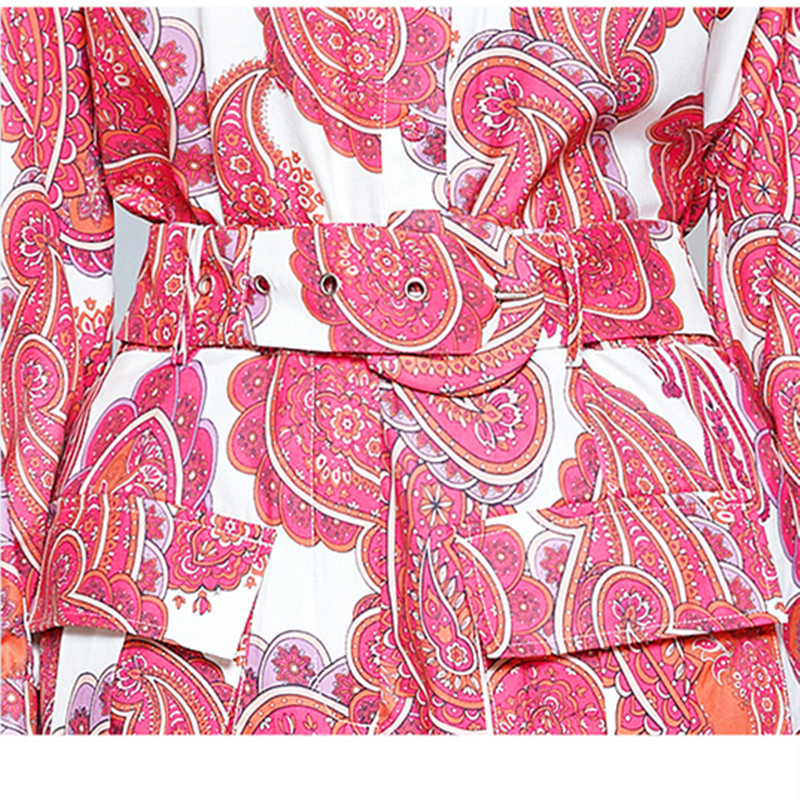 Runway Retro Print Holiday Shorts Set Women Stand Lantern Sleeve Shirts Blouses + Pocket Belt Mini Pant Set Female 2 Piece Set 201007