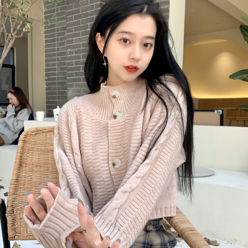 2021 New Autumn and winter small Korean-style deep collar cardigans torsion cardigan womens (c9919) 8YUU, Beige