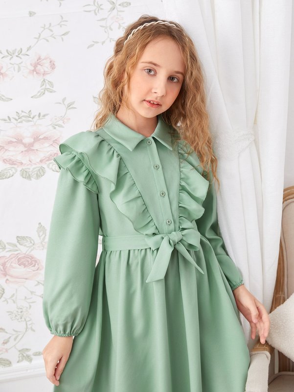 Girls Bishop Sleeve Ruffle Trim Belted Dress SHE