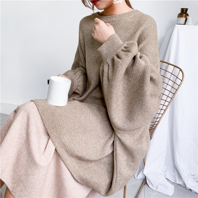 LANMREM autumn New Fashion Solid Color Round Neck Pullover Bat Sleeve Large Size Long Knit Sweater Women PB615 201030wtt