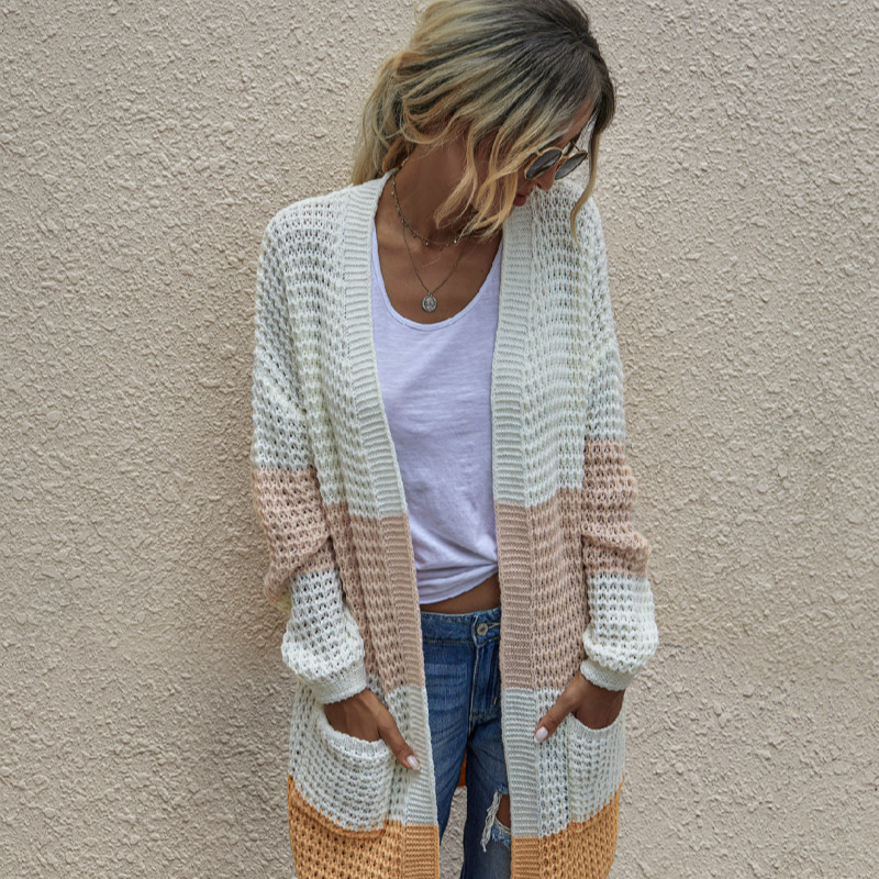 Autumn New Knitted Sweater Long Cardigan Contrast Color Loose Sweater Coat Women's long sweater 201023