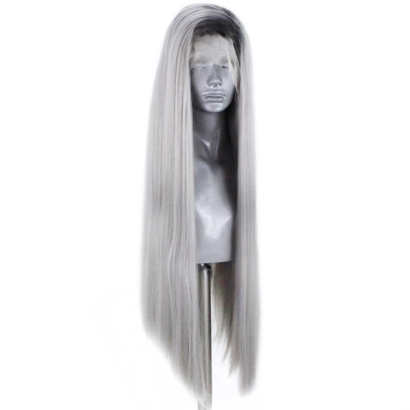 Free part Ombre Silver Gray Wig Synthetic Lace Front Wig Heat Resistant Fiber Hair Glueless Cosplay lace frontal Wigs with Black Roots