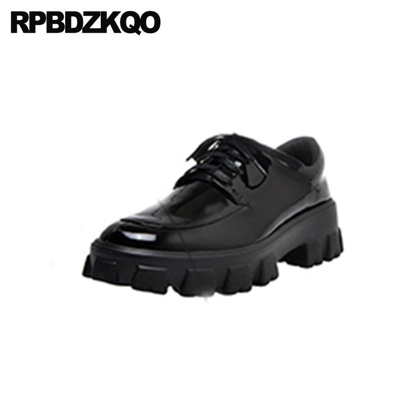 2020 women platform shoes autumn genuine leather lace up luxury wedge medium heels round toe high size 4 34 patent black pumps, Black matte