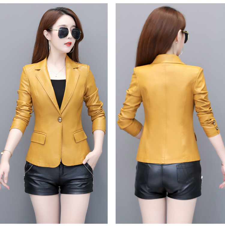 Autumn New womens turn down collar slim waist long sleeve PU leather blazer short coat plus size SMLXLXXL3XL4XL5XL large size casacos