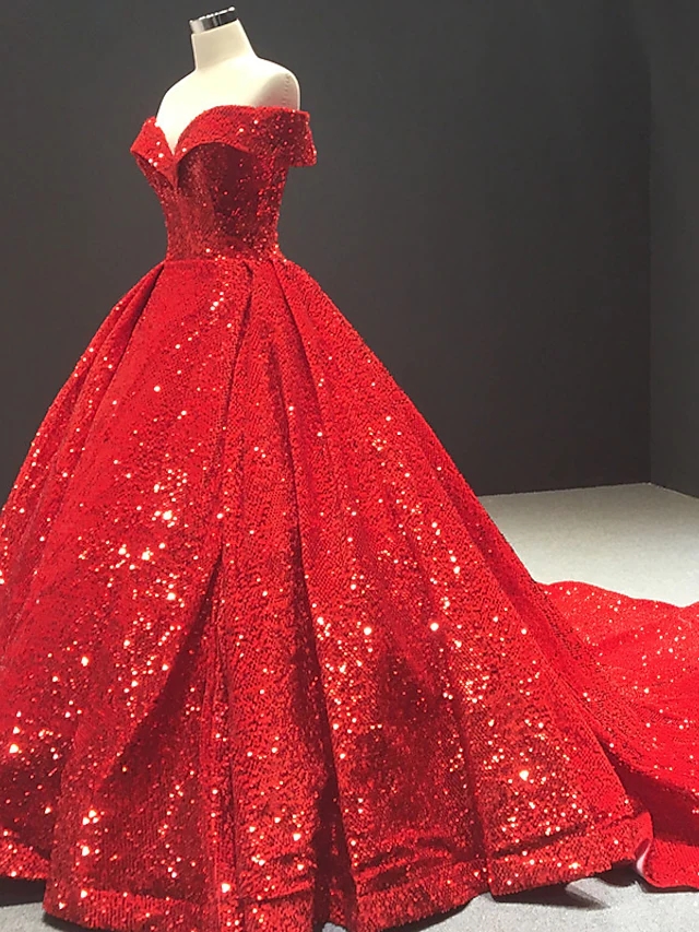 Princess Sequin Ball Gown Wedding Dresses Off Shoulder Court Train Lace Sequined Short Sleeve Formal Shine Bridal Dress New Robe De Mariee Vestidos