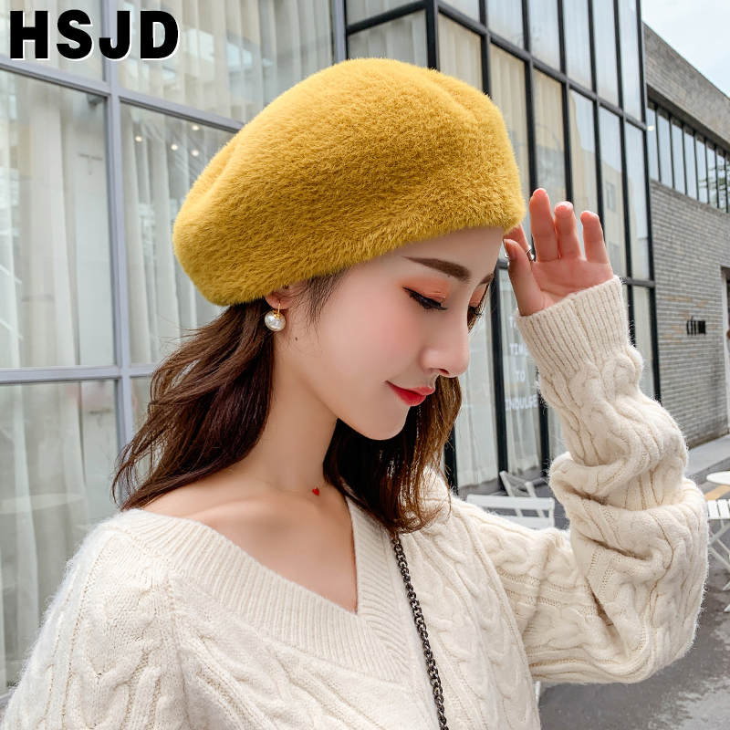 Autumn Winter Women Berets French Classic Solid Color Plush Mink Cashmere Beret Hat Winter Warm Knitting Hats Female Walking Cap 201009