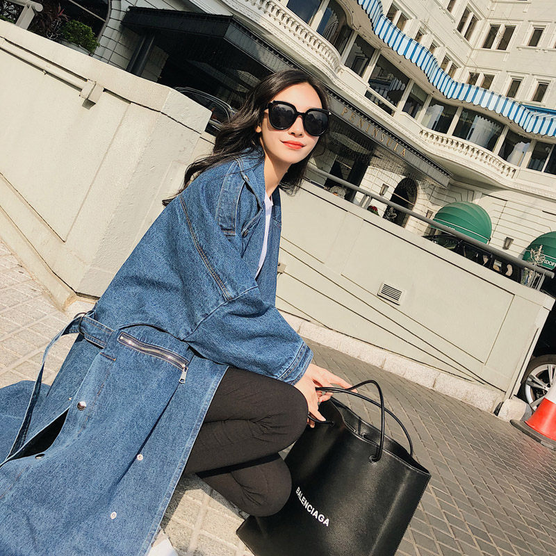Lapel Women Loose Denim Trench Windbreaker Vintage Long Sleeve Overcoat Winter Autumn Bandage Coat mujer abrigos f1485 T200805