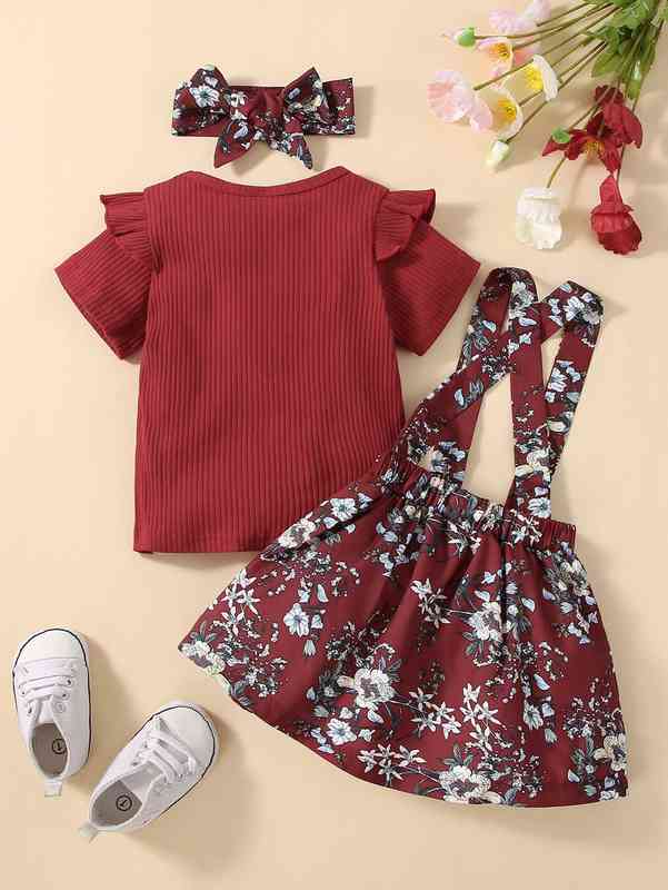 Baby Ruffle Trim Tee & Floral Print Crisscross Pinafore Skirt & Headband SHE