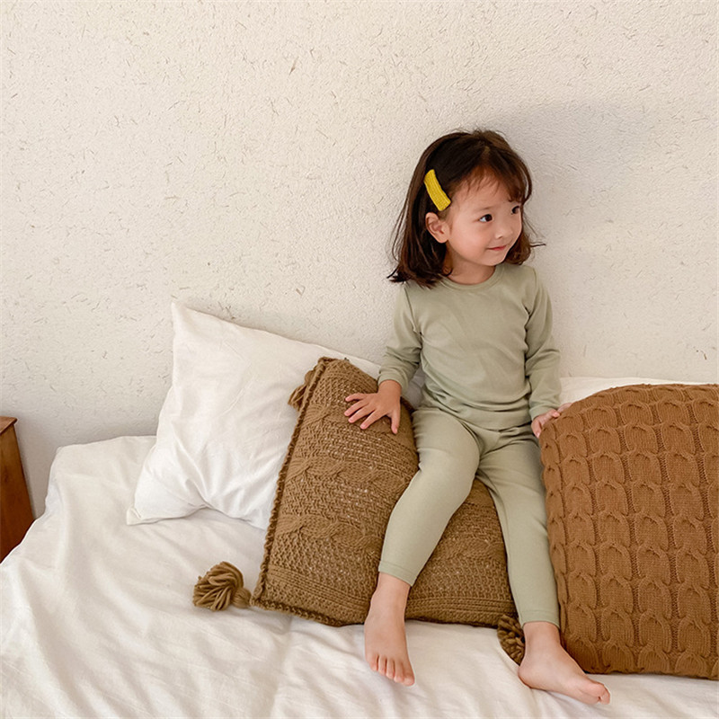 Baby girls pure color sanded pajamas sets fashion long sleeve T shirt and pants suit homewear for Toddler KidsX1019