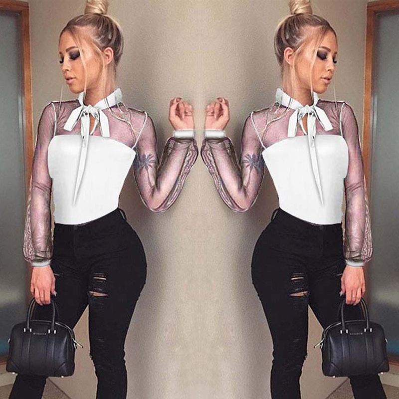 New Summer Bodysuit Women Sexy Bow Mock Neck Patchwork Long Sleeve Back Ladies Lace Mesh Bodysuit Transparent Tops T200116