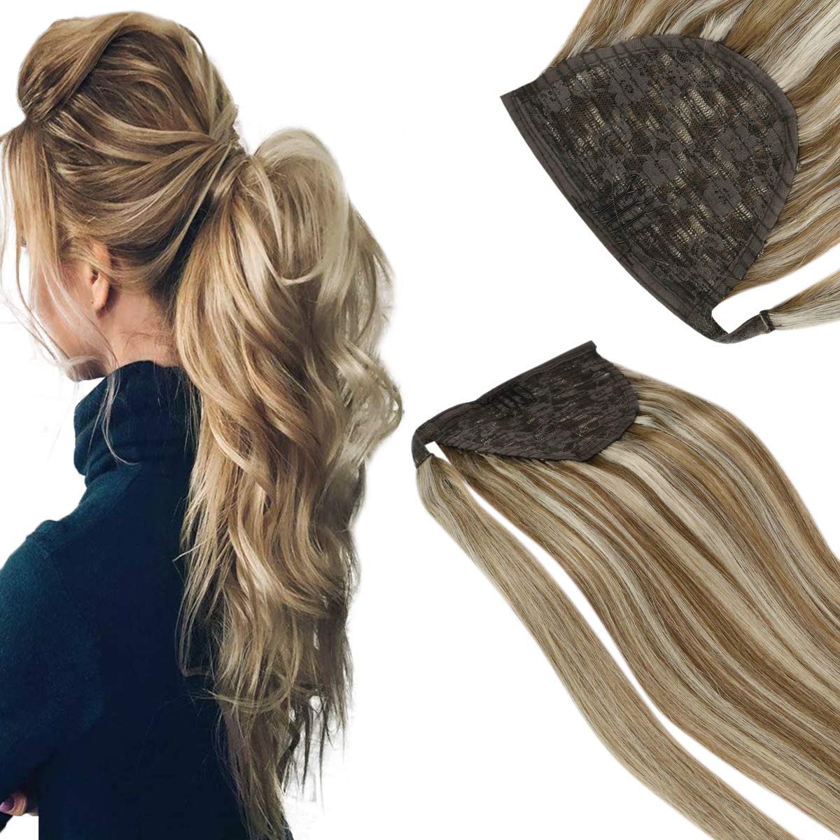 Balayage Human Hair Virgin Brazilian Wrap Around Clip In Ponytail Extensions Slik Straight Highlights Remy Pnytail Hair