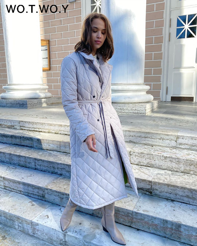 WOTWOY Argyle Belted Long Parkas Women Cotton-Padded Thick Winter Jacket Female Solid Casual Oversized Warm Overcoat with Pocket 201110