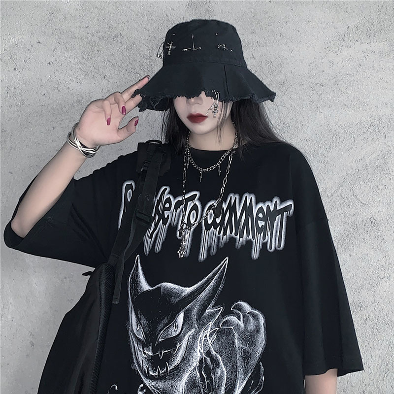 Goth Girl Harajuku Hat Female Ins Trendy High Street Hip Hop Pin Rings Dark Cross Bucket Caps Summer Grunge Brim Hat Women Black 201009