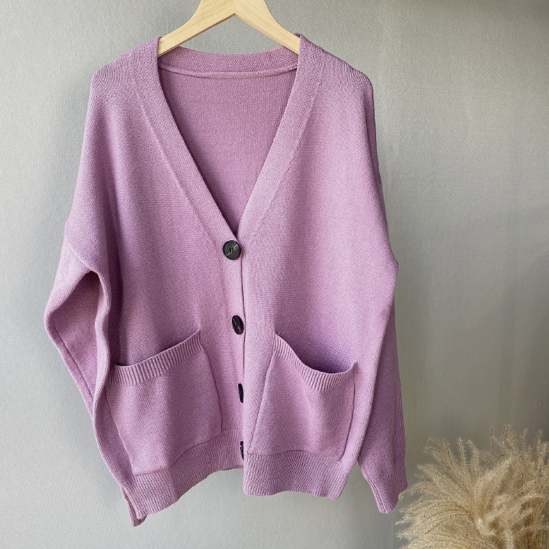 Lizkova Purple Knitted Cardigan Women V-neck Drop Shoulder Single Breasted Casual Sweater Coat Pockets Cardigan 201109