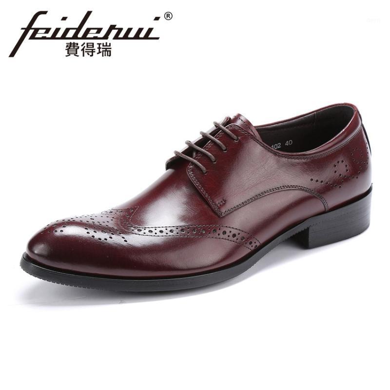 Fashion Genuine Leather Men's Carved Oxfords Round Toe Breathable Wingtip Man Handmade Formal Dress Wedding Brogue Shoes YMX4741, Black
