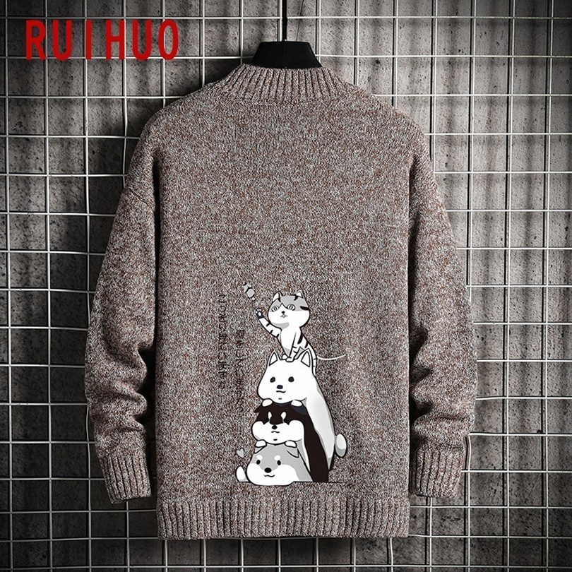 RUIHUO Autumn Cartoon Cats Sweater For Men Coat Knit Man Sweater Clothes Korean Men's Knitted Sweater M-5XL 201203