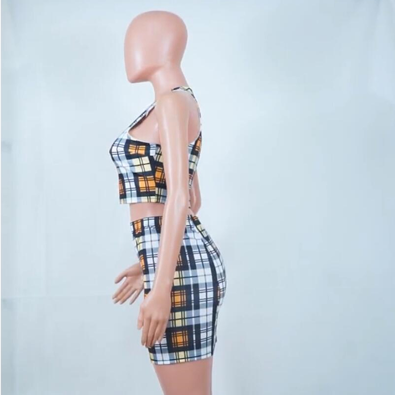 ANJAMANOR Yellow Plaid Print Sexy 2 Piece Set Womens Summer Matching Sets Club Outfits Crop Top and Skirt Short Suit D37-BF16 210204