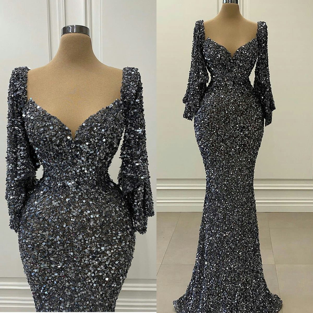 Sparkly Sequined Prom Dresses Sexy V Neck Long Sleeve Sequins Party Evening Gowns Backless Mermaid Gowns robes de soirée