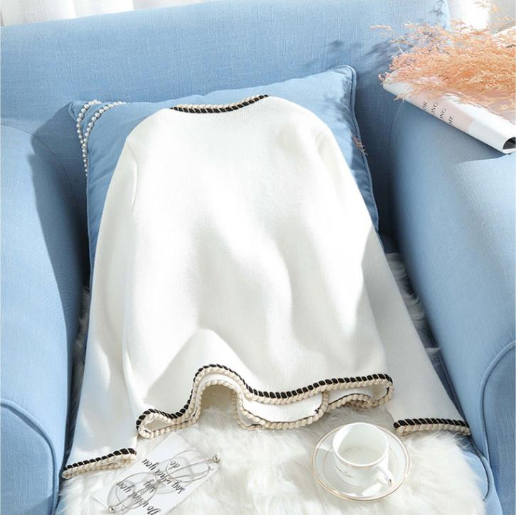 Elegant white cardigan women double breasted pearls buttons knitted sweater V-neck patchwork tops autumn arrival 201222