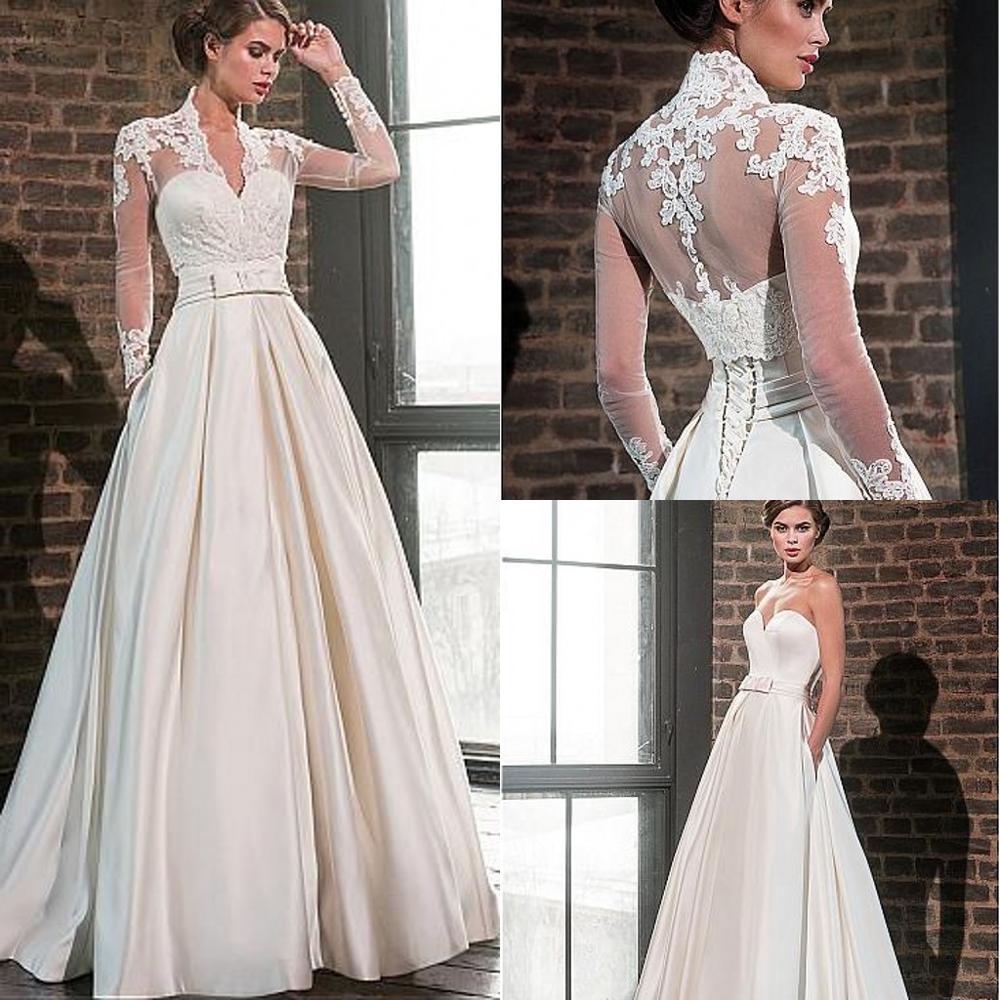 Elegant Wedding Dresses Deep V-neck Long-sleeves Belt Custom made Appliqued Lace Bridal Gowns Glitter Sweep Train Robes De Mariée