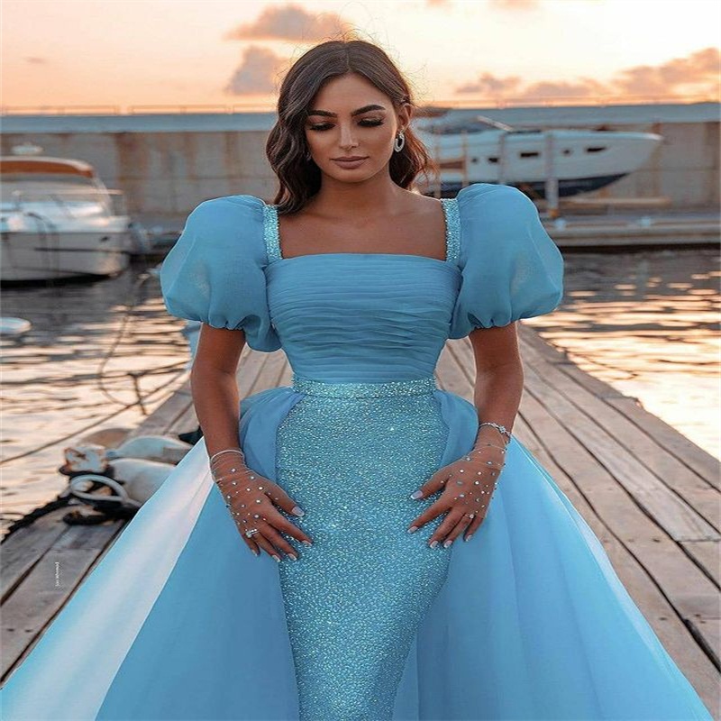 Glitter Sequins Evening Dresses With Detachable Train Ruched Tulle Prom Dress Light Sky Blue Square Neck Elegant Custom Made Robe De Soirée