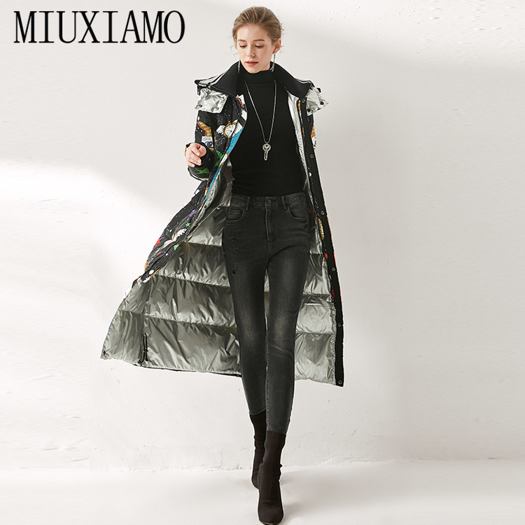 MIUXIMAO Winter Coat Loose Piano Print Elegant Fashion Warm Long Coat Vintage X-Long Women Down Winter Coat Female Overcoat 201019