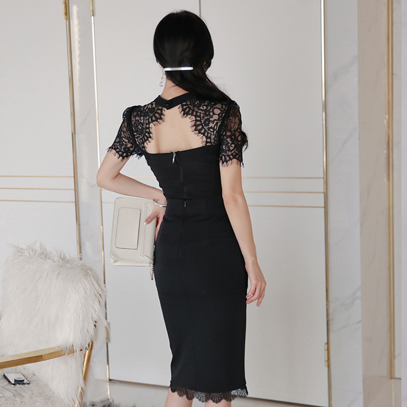 Fashion women elegant new arrival work style lace backless sexy slim Tshirt and slim skirt classical black party 2 pieces set T200325