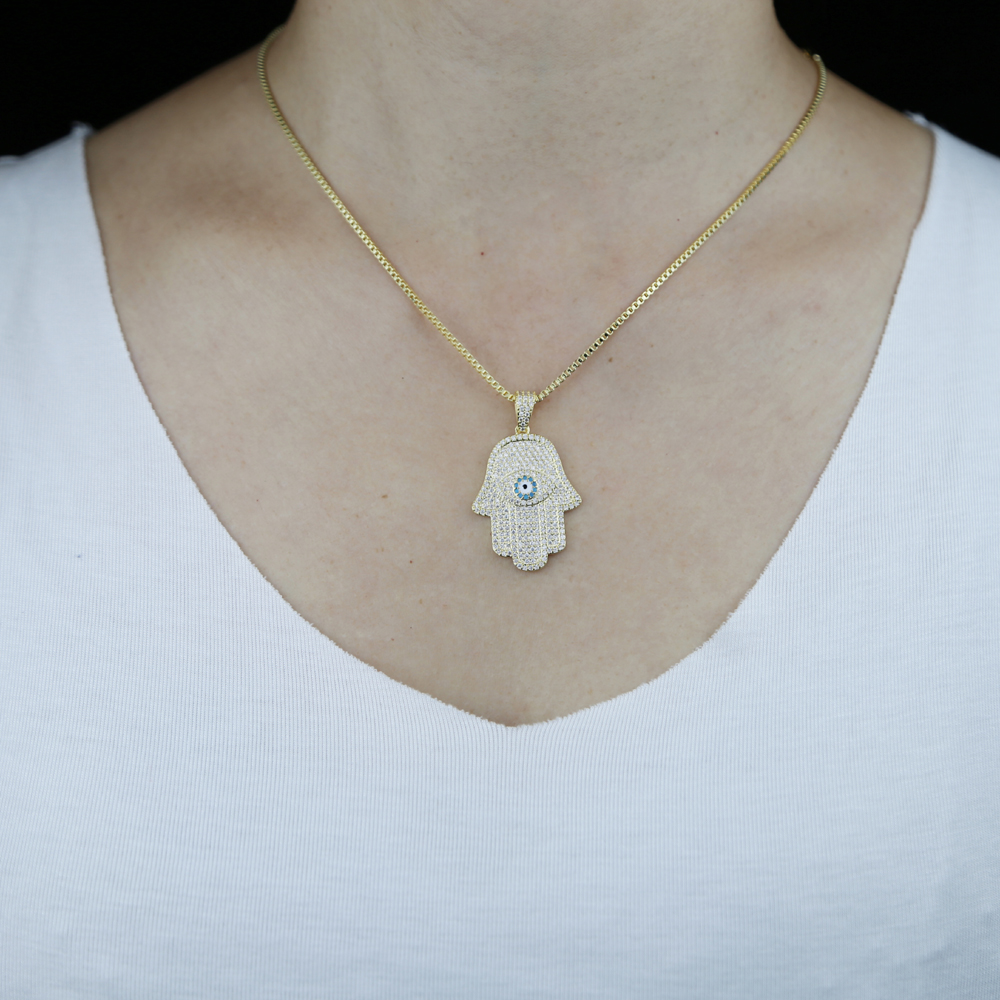 Women wholesale hip hop necklaces jewelry with blue cz paved hamsa hand charm pendant necklace with box chain paved jewelry